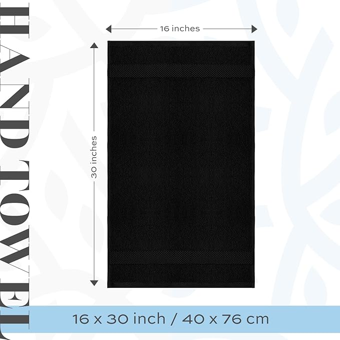 White Classic Luxury Hand Towels | Cotton Hotel spa Bathroom Towel | 16x30 | 6 Pack | Black