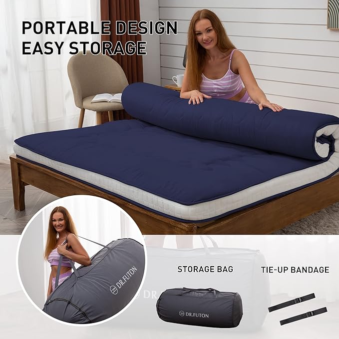 Dr.Futon Japanese Floor Futon Mattress Extra Thick Folding Roll Up Bed Topper Mat for Guest,Lounger and Tavel