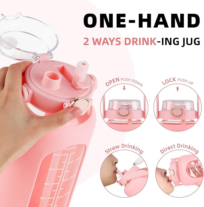 SIEROZUR 74oz Glass Water Bottle with Straw and Lid Large Gallon Water Jug with Silicone Sleeve and Handle 2.2 liter Wide Mouth Bottle with Time Marker for Gym Sports& Workout