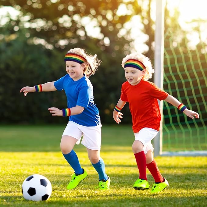 Skylety 5 Pcs Striped Sweatband Sock Set Wrist Sweatband Headband High Striped Headband for Men Women Sports 80s Party(Rainbow Color)