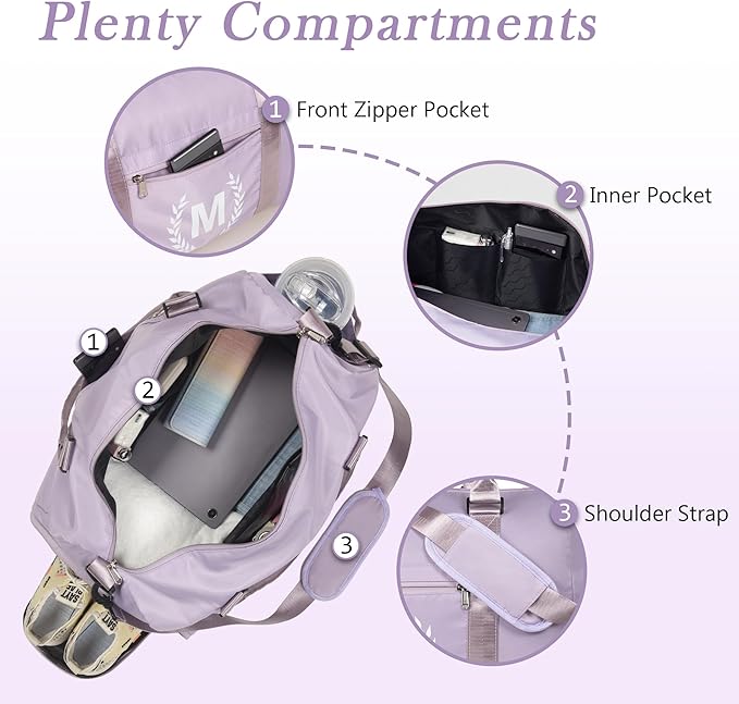 Gym Bag for Women, Personalized Duffle Bag with Shoe Compartment, Sports Bag for Yoga & Dance with Wet Pocket and Mat Strap.