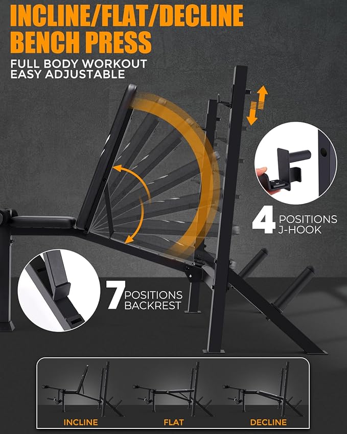 ANCHEER 900LBS Weight Bench Set with Barbell Rack, Heavy Duty Bench Press Set with Leg Extension and Leg Curl, Foldable Workout Benches for Home Gym with J Hooks & Olympic Sleeves (US Stock)