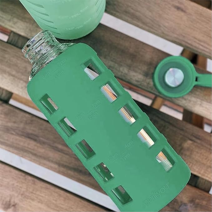 purifyou 40oz / 32oz / 22oz / 12oz Borosilicate Glass Water Bottle with Time & Volume Markers, Silicone Sleeve, Stainless Steel Lid | Reusable Glass Bottle for Water & Juice (22oz Shale Green)