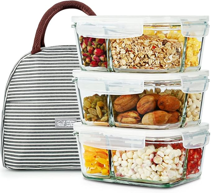 DAS TRUST 3 Pack 36oz Bento Box Glass Meal Prep Containers with 3 Compartments, Glass Food Storage Containers with Lids, Meal Prep Bowls, Lunch Box, Oven & Microwave Safe