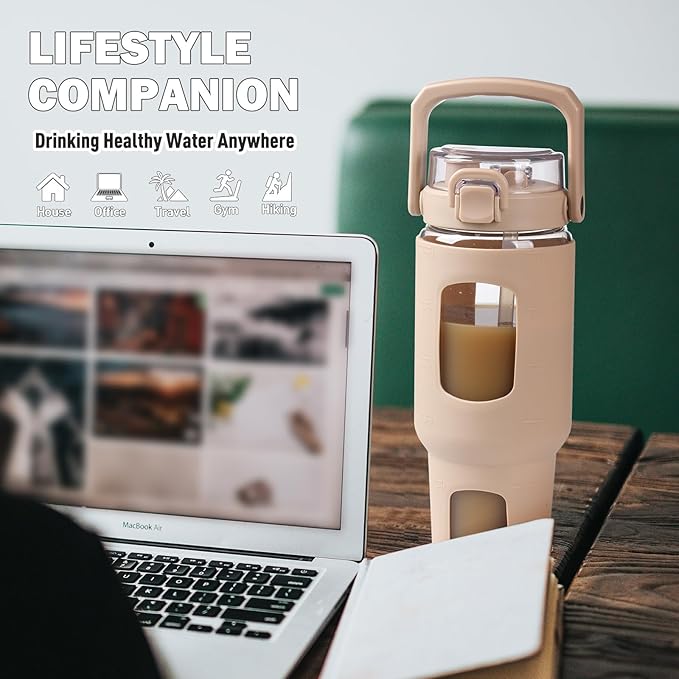 BLUEGO 40 oz Glass Water Bottle with Straw, Leakproof Glass Drinking Bottle with Time Marker and Silicone Sleeve, Wide Mouth Water Bottle for Travel, Gym, Workout, Amber