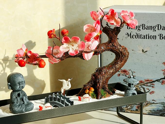 Mini Zen Garden Kit for Desk Tabletop Rock Sand Tray Therapy Kit Office Stress Relief Spiritual Decor Japanese Zen Healing Gifts for Lady Yoga Meditation Accessories with Bonsai Buddha Koli Fish Rake