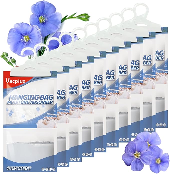 Vacplus Moisture Absorbers, Hanging Closet Dehumidifier Bags, Humidity Packs, Desiccant, Closet Dehumidifiers with Linen Fragrance, 10 Pack, 9.8 OZ