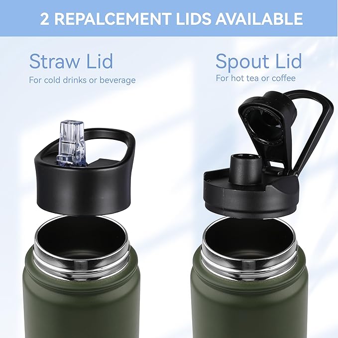 HASLE OUTFITTERS Insulated Water Bottle 22 oz Double Wall Stainless Steel Water Bottle Wide Mouth with Straw Lid & Spout Lid Keeps Cold or Hot(Army Green,8)