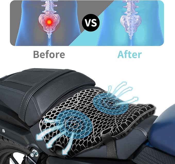 Heran Motorcycle Gel Seat Cushion, 3D Honeycomb Structure & High Elasticity Gel Material Breathable Shock-Absorbing Seat Cover for Comfortable Long-Distance Riding
