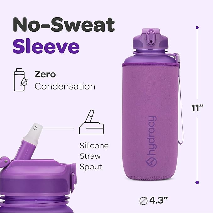 Hydracy Water Bottle with Time Marker -Large BPA Free Water Bottle & No Sweat Sleeve -Leak Proof Gym Bottle with Fruit Infuser Strainer & Times to Drink -Ideal for Fitness Sports & Outdoors