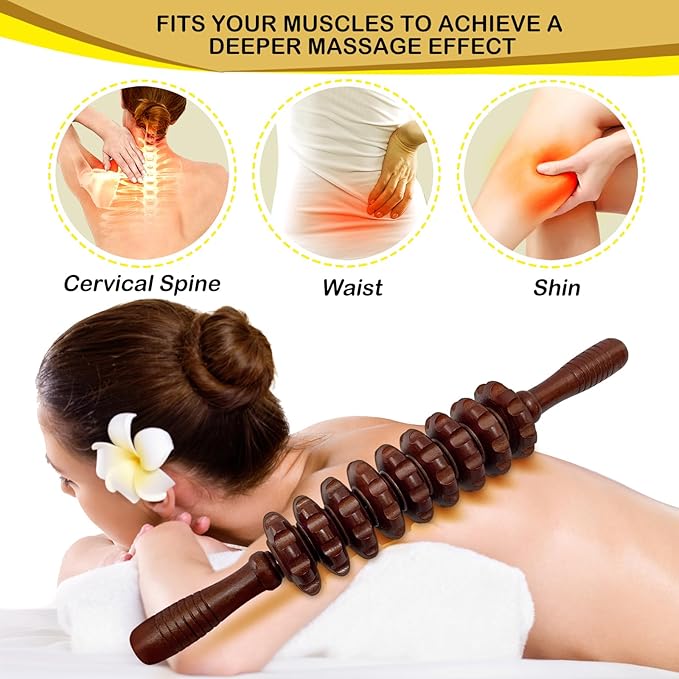 Manual Massager Wooden Handheld Roller Trigger Point Massage Stick for Fascia, Cellulite, Muscle & Abdomen, Body Therapy Massager, Muscle Belly Relief Tool, Coffee