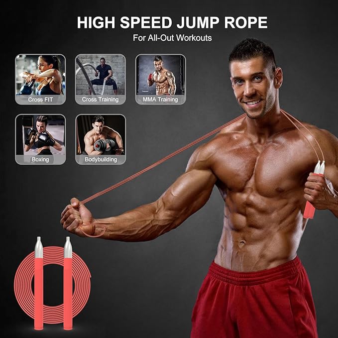 Speed Jump Rope for Men Women, Fitness Skipping Rope with Aluminium Handle and 2 Ropes, Self-Locking Design Adjustable Jumping Rope for Adult Workout Boxing