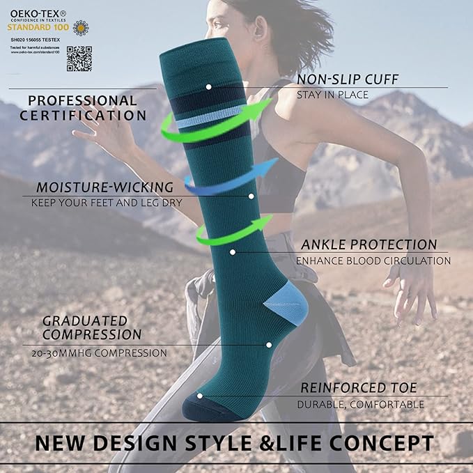 fenglaoda Compression Socks Women Men 6 Pairs, Knee High Best Support Circulation Socks for Running, Travel, Flight, Nurse