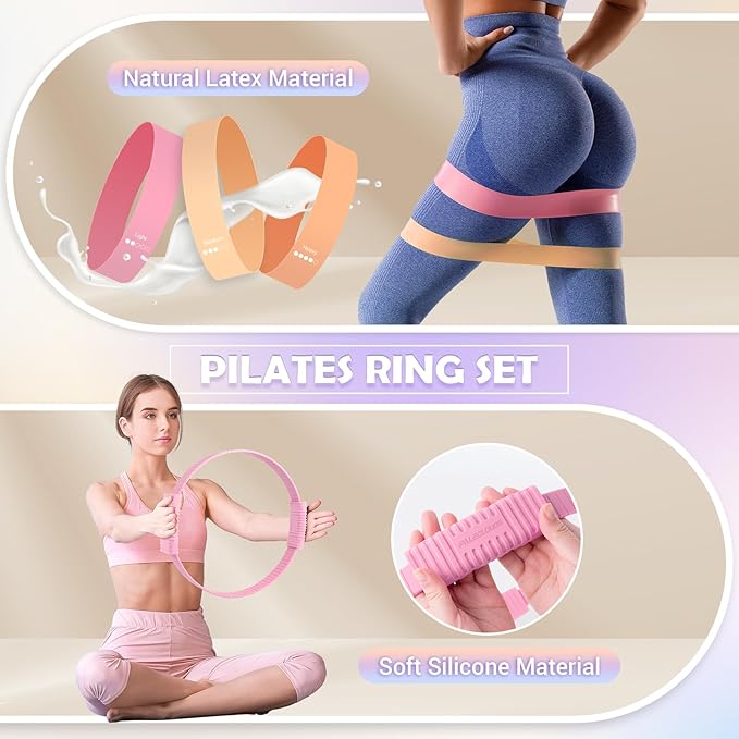 Pilates Essentials Kit for Women, 13.5" Pilates Ring and Ball Set with Resistance Bands for Home Workouts, Portable Pilates Kit with Bag & Training Poster for Full Body Exercise