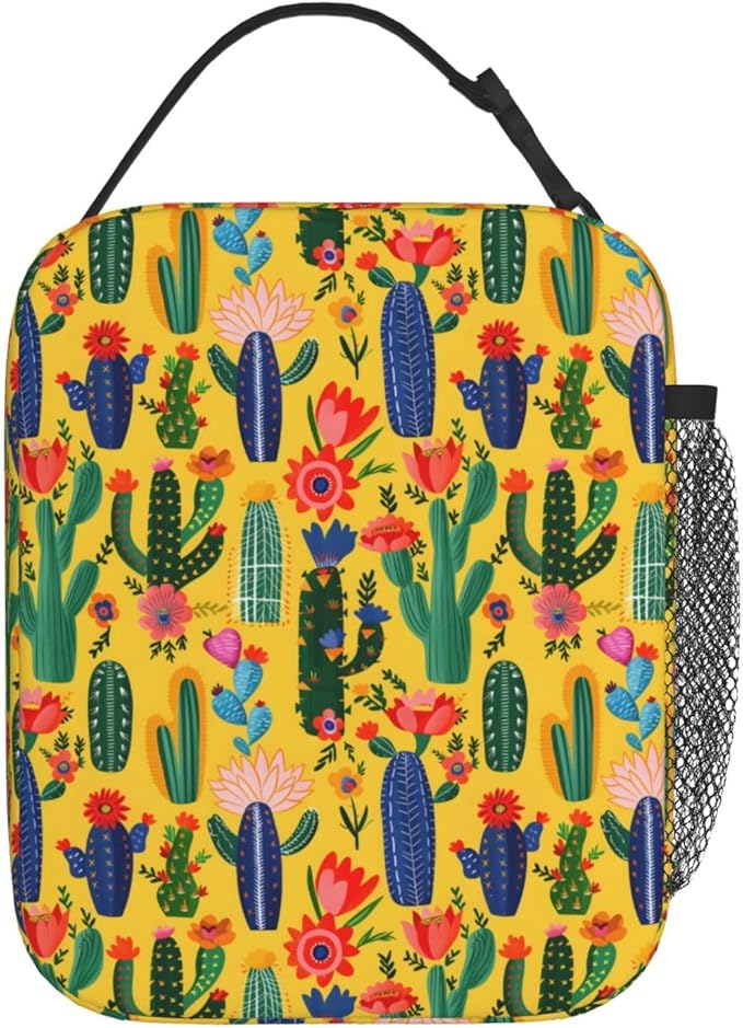 Cactus Lunch Box for Women Adults Kids, Insulated Cooler Lunch Bag for Picnic, School, Office, Travel, Work, Portable Reusable Polyester Tote Thermal Lunch Bags (Colorful Cactus)