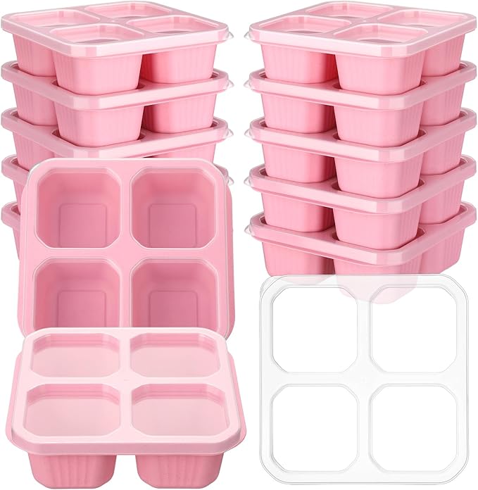 12 Pcs 4 Divided Compartments Snack Containers Bento Wheat Straw Snack Box with Lid Reusable Meal Prep Lunch Box Food Storage Containers for Adults Travel Work (Pink)
