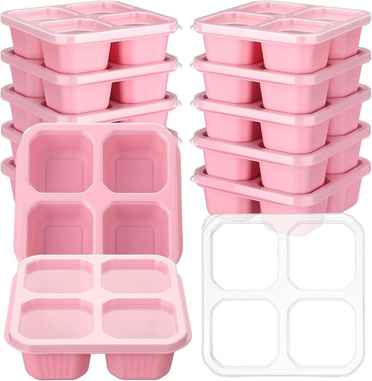 12 Pcs 4 Divided Compartments Snack Containers Bento Wheat Straw Snack Box with Lid Reusable Meal Prep Lunch Box Food Storage Containers for Adults Travel Work (Pink)
