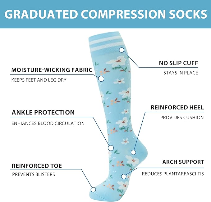 fenglaoda Compression Socks for Women Men Knee High 3 Pairs Support for Nurses, Travel, Circulation, Athletic, Pregnancy