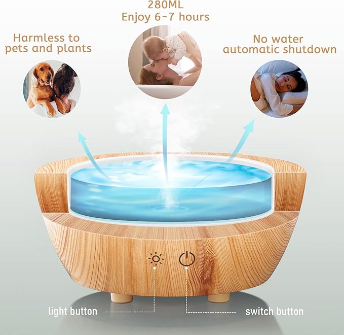 Glass Essential Oil Diffuser Wood Grain Base, 280ml Aromatherapy Diffusers Cool Mist Humidifier, LED Light in 7 Colors with Waterless Auto-Off Protection, for Office, Home, Yoga, Spa