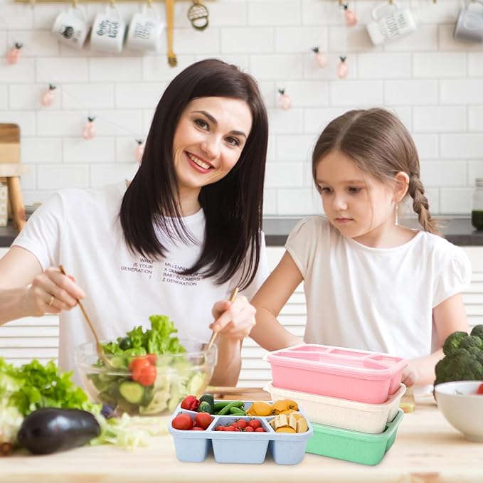 4 Pack Bento Lunch Box Set, 4 Compartment Food Storage Containers, Meal Prep Lunch Box,Plastic Food Storage Containers, Microwave and Dishwasher Safe (33oz)