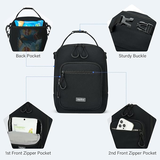 Insulated Lunch Bag with Adjustable Shoulder Strap, Lunch Box for Women Men, Reusable Portable Lunchbox for Office Work Picnic (Black)