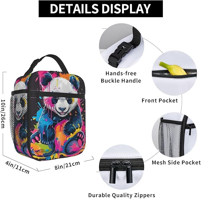 Funny Panda Lunch Box for Women Girls Boys Kids, Insulated Cooler Color Splash Panda Lunch Bag for School, Picnic, Office, Work, Travel, Portable Polyester Thermal Reusable Tote Lunch Bags