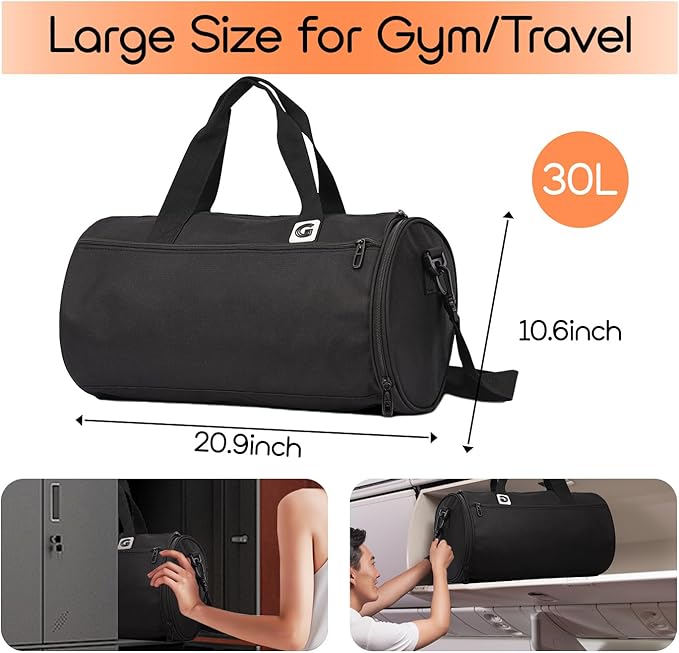Gym Duffle Bag for Men & Women with Wet & Shoe Separated Compartment, 21 Inch and 30L Large Duffle Bag for travel Carry On, Swimming, Workout, Football. Black