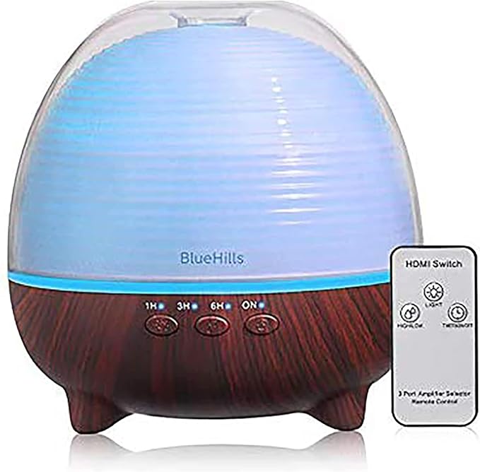 BlueHills Premium 1000 ML Large XL Essential Oil Diffuser with Remote Aroma Humidifier for Large Room Home Long Run Time Huge Coverage Area Lights High Mist Output Big Capacity Dark Wood Grain N6