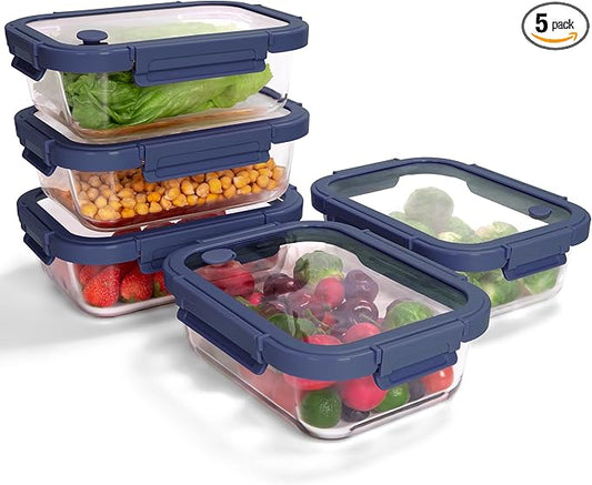5-Pack Borosilicate Glass Containers with Tempered Lids, 35.2oz/4.4 Cup Airtight Meal Prep Set, Microwave/Freezer Safe (Blue)