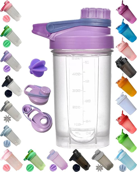 Perfect Nutrition Shaker Bottle w. New Whisk Ball Blender,Full Body for Microwave Heating(No Metal,BPA Free),Moden Loop Top,Dishwasher Safe,Leak Proof,Protein Powder/Fruit Juice Mixer 16oz(Purple)