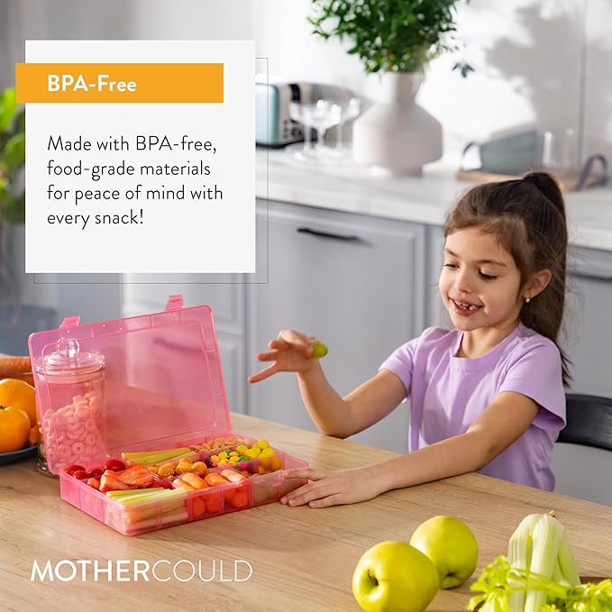 Large Kids Snack Box Containers Set of 2 -100 Labels, BPA-Free, Adjustable Compartments, Dishwasher Safe, Reusable Tray, Food Grade, Meal Prep Container, PARENT TESTED PARENT APPROVED AWARD (Pink)