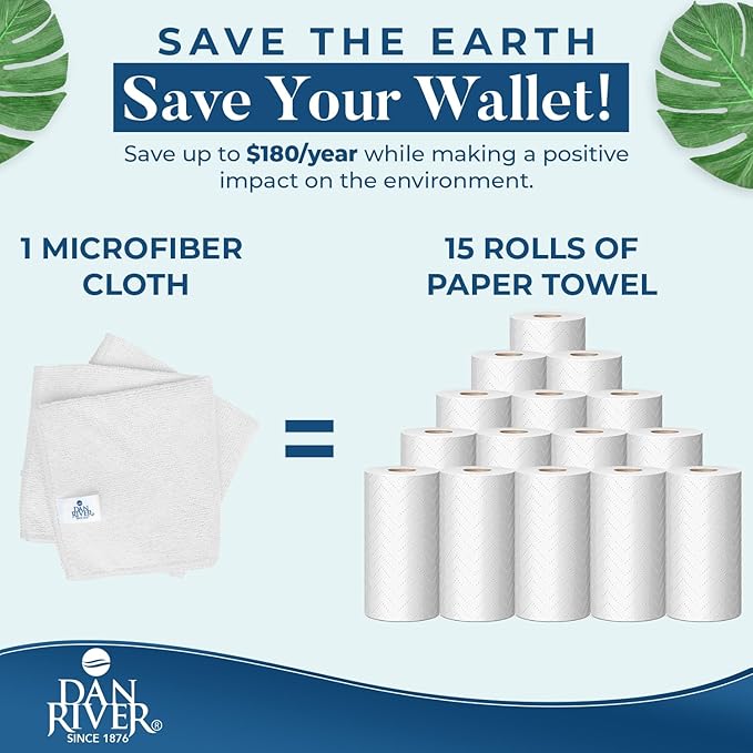 DAN RIVER 24-Pack White Microfiber Towels – Ultra Absorbent, Lint Free Towels & Streak-Free for Home, Car & Kitchen - Must-Have Cleaning Essentials - 12" x 12"
