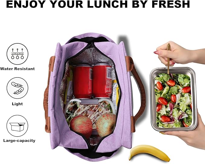 Joymee Lunch Bag Women Insulated Lunch Box Reusable Leakproof Large Spacious Cooler Tote for Women Men Adult with Bottle Holder and Side Pockets for Work Office Travel Picnic - Purple