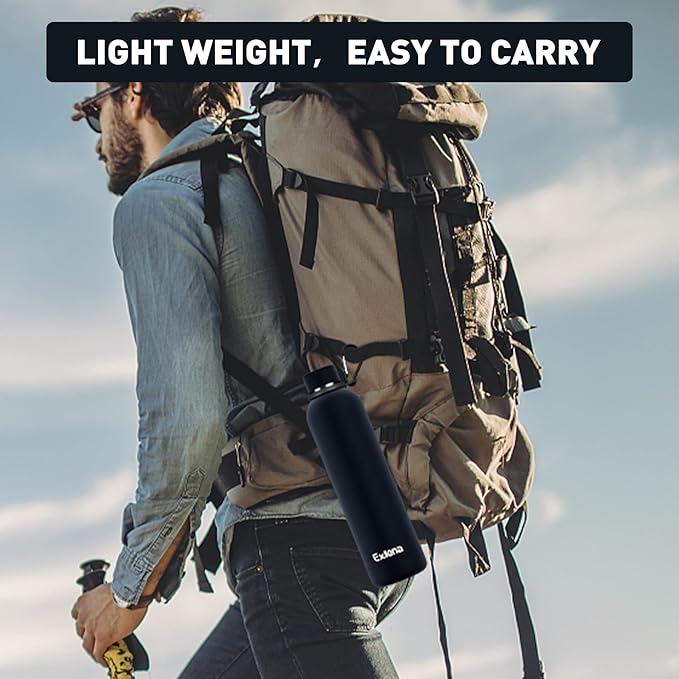 Slim Insulated Water Bottles for Travel 32oz with Clip, Double Wall Vacuum Stainless Steel Water Bottle Keeps Drinks Cold 24 Hrs/Hot 12 Hrs, 100% Leakproof, BPA Free (Black)