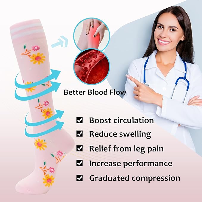 fenglaoda Compression Socks Women Men 4 Pairs, Knee High Support Socks for Running, Sports, Travel, Flight, Nurse