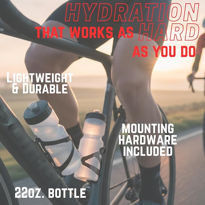 Bike Water Bottle Holder & Bottle Combo – 2-Pack 22 oz Sports Squeeze Bottles with Pull Top Cap & Easy-Install Bike Cage – Made in USA – 50 Strong Brand