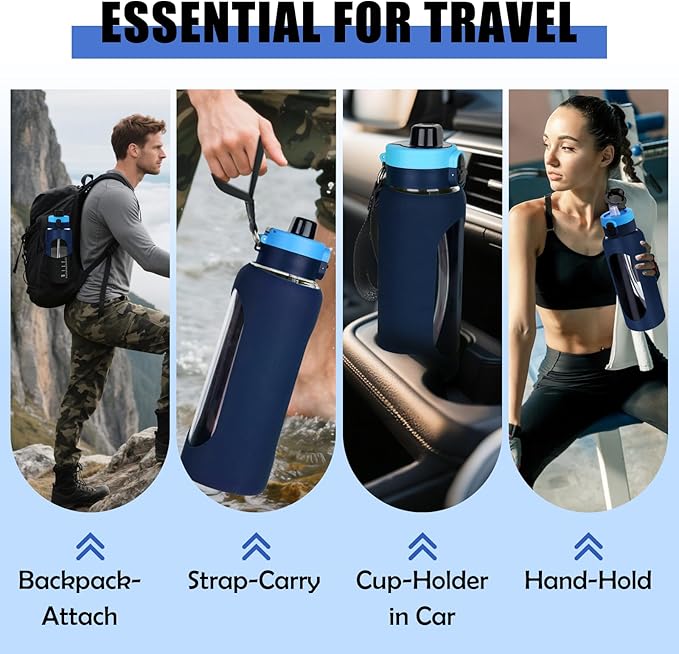 ANOTION 40OZ Glass Water Bottle, Large Sports Water Bottle with Dual-Drink Lid Clear Leakproof Glass Bottles with Straw, Motivational Jug with Silicone Sleeve and Time Marker for Travel Gym-Blue