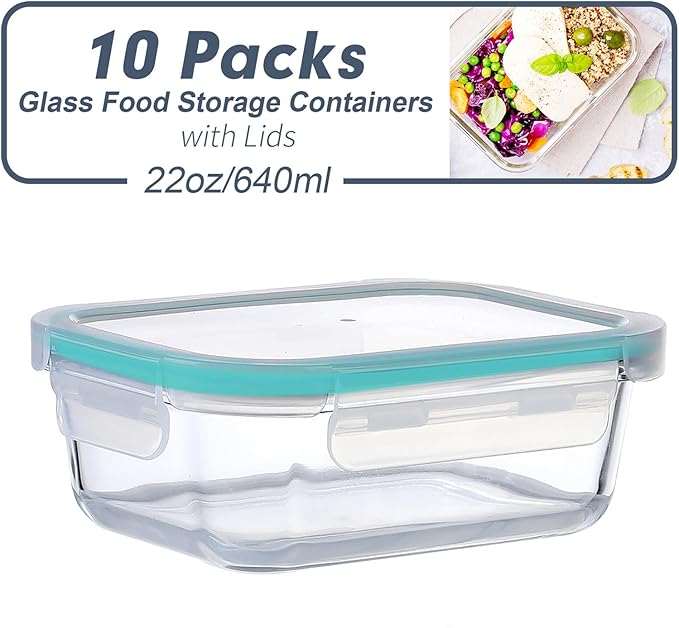 BAYZZ Glass Meal Prep Containers, 10 Packs 22 oz Airtight Glass Food Storage Containers with lids, Microwave, Oven, Freezer & Dishwasher Safe, Green