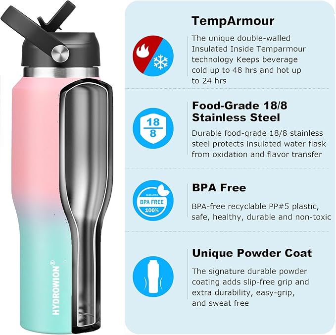 HYDROWION 32oz Water Bottle, Double Wall Vacuum Stainless Steel Insulated Water Flask with Straw Lid, Spout Lid and Flex Cap(Cold for 48 Hrs, Hot for 24 Hrs), Leakproof Travel Thermo Mug, Pink&Blue