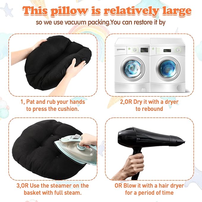 Fumete 8 Pcs 16 Inch Round Floor Cushions for Kids and Toddlers, Flexible Seating Classroom Furniture Floor Pillow for Home, Daycare, Preschool, Yoga and Meditation (Black)