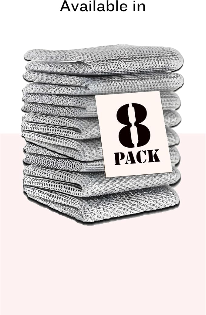 Non Scratch Wire Dishwashing Rag - Upgraded Double Layer 8 Pcs, Reusable Multipurpose Wire Dishcloth for Wet & Dry Cleaning, Ideal for Kitchen, Sinks, Pots & Pans