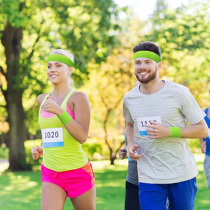 24 Pieces 80s Neon Sweatbands Set, Include 8 Sports Headbands and 16 Sweat Wristbands Elastic Athletic Tennis Sweat Bands Bulk for Man Woman