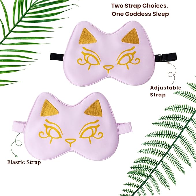 Silk Sleep Mask Blindfold Eye Mask for Sleep Cute Cat Print Embroidered Eye Cover Adjustable Oversized Egyptian Bastet with Gift Box&Pouch（Kemet Lavender-Adjustable Strap）