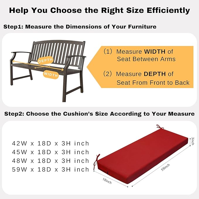 idee-home Outdoor Bench Cushion Waterproof, Bench Cushions for Outdoor Furniture, Patio Porch Swing Replacement Seat Pad with Ties for Garden Backyard, 59 x 18 Inch Red