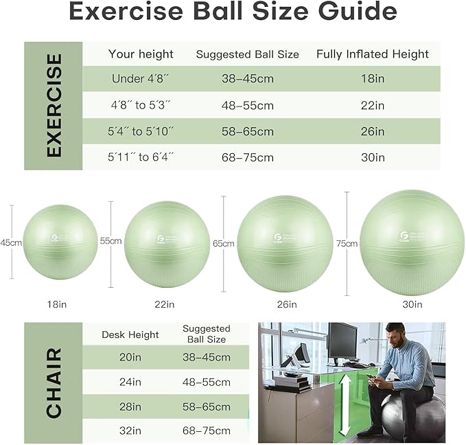 Yoga Ball, 18-30 Inch Extra Thick Exercise Ball for Workout Fitness Balance, Anti Burst Chair for Home and Office Desk, Includes Hand Pump & Workout Guide Access