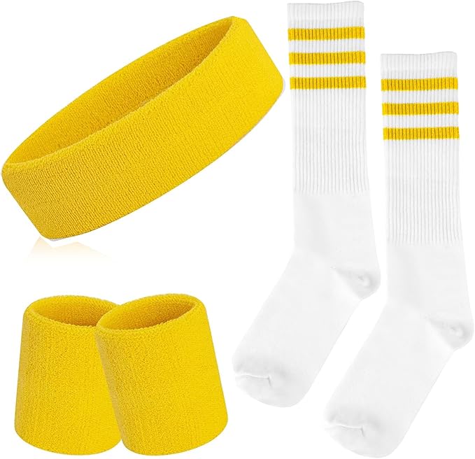 ONUPGO 5 Pieces Sweatbands Striped Socks Set Sports Headband Wristbands High Tube Socks 80s Accessories Costumes