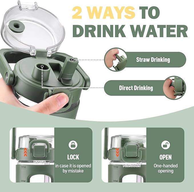 BLUEGO 32oz Glass Water Bottles with Straw Time Marker Half Gallon Large Motivational Water Bottle with Silicone Sleeve 2 Liter Large Glass Water Jug for Gym, Sports& Workout, Daily, 02 Olive