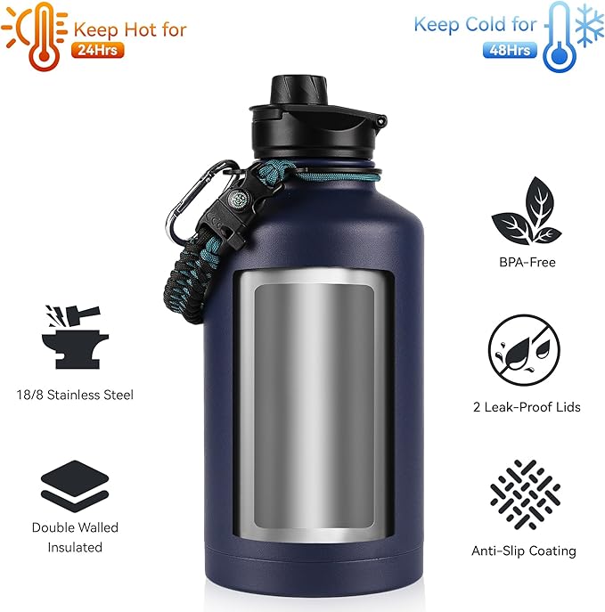 64 oz Insulated Water Bottle with Straw & Spout Lids, Stainless Steel Metal Half Gallon Water Jug with Paracord Handle, Double Wall Vacuum, Leakproof, Keep Drinks Cold & Hot, Navy
