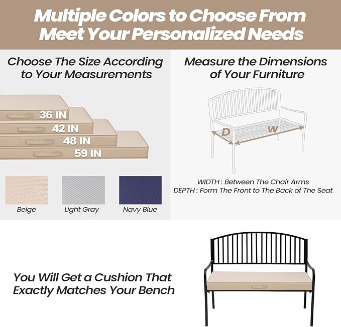 Crestlive Products Outdoor Bench Cushion 42 x 18 Inch, Waterproof Patio Bench Cushions for Outdoor Furniture, Porch Swing Replacement Pad with 30D Foam, Adjustable Straps and Portable Handle, Beige