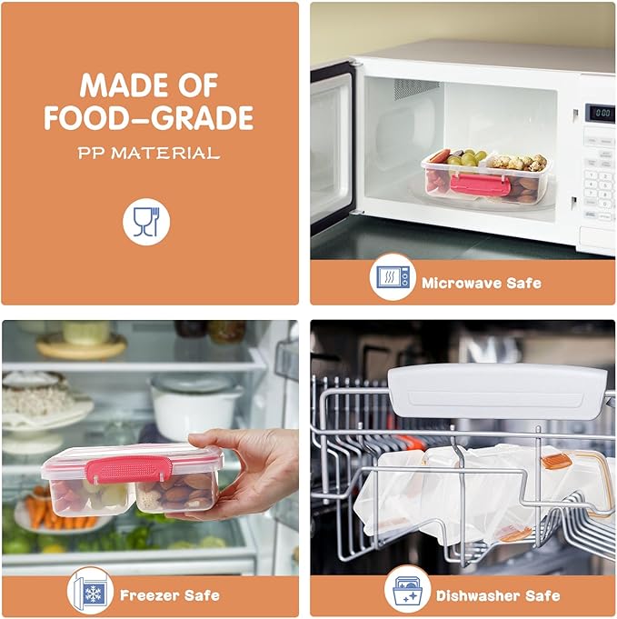 4 Pack Plastic Snack Containers with Lids, 2 Compartment Food Container for Kids Snack Box, Travel Bento Lunch Containers with forks for Fruits/Candies, Divided Food Storage Containers for School